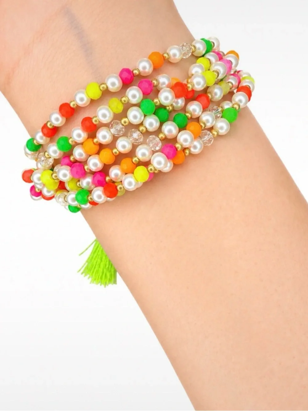Neon Pearl Multi-Strand Wrap Bracelet with Tassel